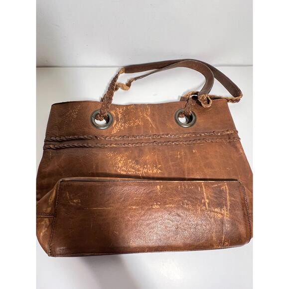 Buffalo Jackson Brown Distressed Weathered Leather Braided Strap Tote Bag Purse - Picture 5 of 7